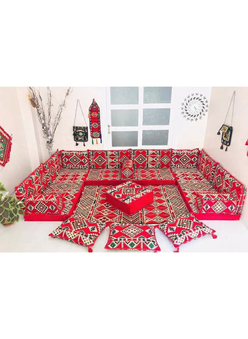 Xboat Traditional Arabic Majlis Floor Seating Set – Red Geometric Design  Create a warm and authentic Middle Eastern atmosphere with this Traditional Arabic Majlis Floor Seating Set. Featuring rich red tones and classic geometric patterns, this beautifully crafted floor sofa set combines cultural elegance with everyday comfort - Image 3
